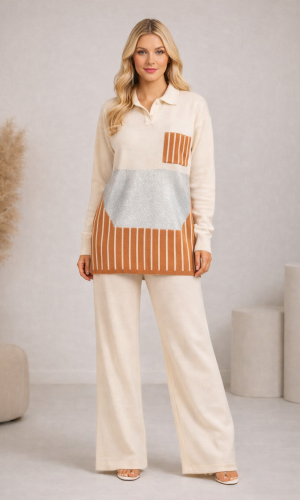 Women's Modern Two-Piece Knit Set with Geometric Details 4208 - beige