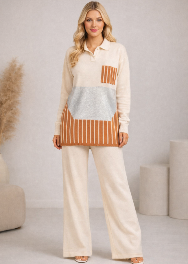 4208 طقم تريكو جيب مخطط - بيج