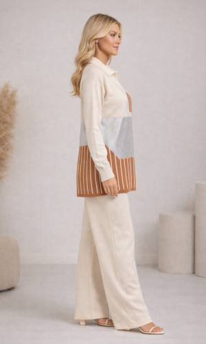 Women's Modern Two-Piece Knit Set with Geometric Details 4208 - beige