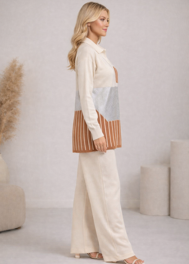 4208 طقم تريكو جيب مخطط - بيج