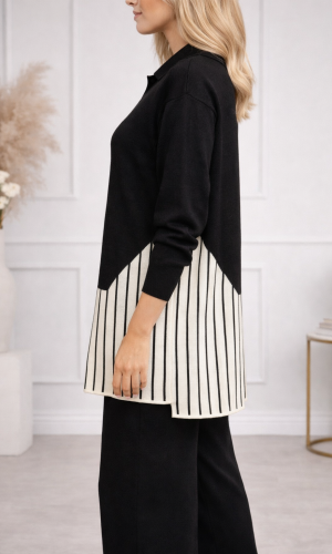 Women's Modern Two-Piece Knit Set with Geometric Details 4208 - black