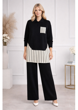 طقم تريكو نسائي عصري قطعتين بتفاصيل هندسية 4208 - اسود
