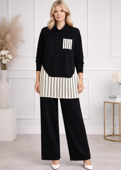 طقم تريكو نسائي عصري قطعتين بتفاصيل هندسية 4208 - اسود