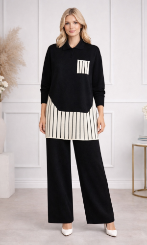 Women's Modern Two-Piece Knit Set with Geometric Details 4208 - black