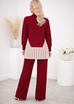 طقم تريكو نسائي عصري قطعتين بتفاصيل هندسية 4208 - خمري