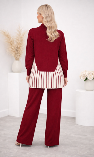 Women's Modern Two-Piece Knit Set with Geometric Details 4208 - burgundy