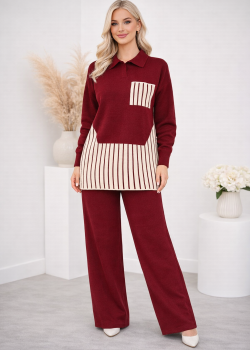 طقم تريكو نسائي عصري قطعتين بتفاصيل هندسية 4208 - خمري