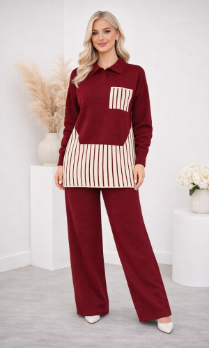 Women's Modern Two-Piece Knit Set with Geometric Details 4208 - burgundy