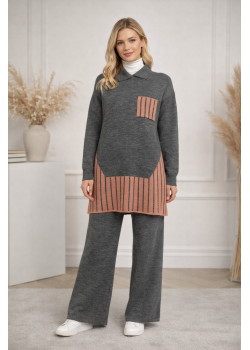 طقم تريكو نسائي عصري قطعتين بتفاصيل هندسية 4208 - رمادي