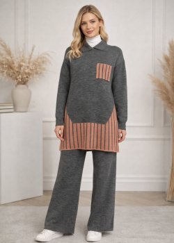 طقم تريكو نسائي عصري قطعتين بتفاصيل هندسية 4208 - رمادي