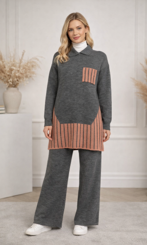 طقم تريكو نسائي عصري قطعتين بتفاصيل هندسية 4208 - رمادي