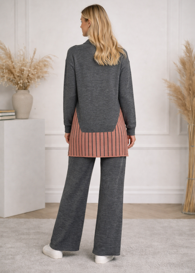 4208 طقم تريكو جيب مخطط - رمادي