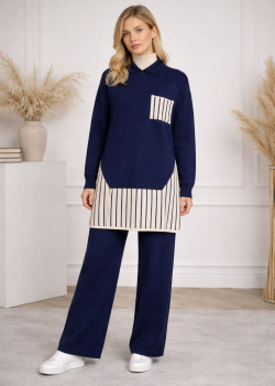 طقم تريكو نسائي عصري قطعتين بتفاصيل هندسية 4208 - كحلي