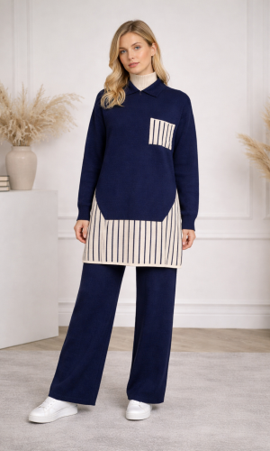 طقم تريكو نسائي عصري قطعتين بتفاصيل هندسية 4208 - كحلي