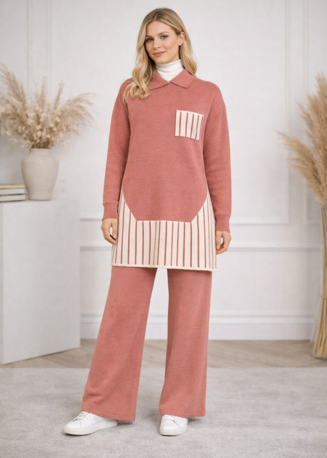 4208 طقم تريكو جيب مخطط - زهر