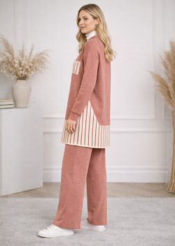 طقم تريكو نسائي عصري قطعتين بتفاصيل هندسية 4208 - زهر