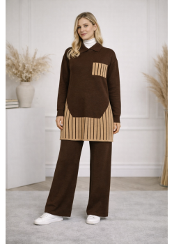 طقم تريكو نسائي عصري قطعتين بتفاصيل هندسية 4208 - بني