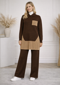 طقم تريكو نسائي عصري قطعتين بتفاصيل هندسية 4208 - بني