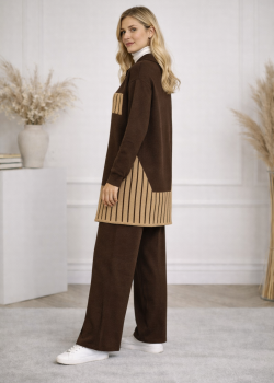 طقم تريكو نسائي عصري قطعتين بتفاصيل هندسية 4208 - بني