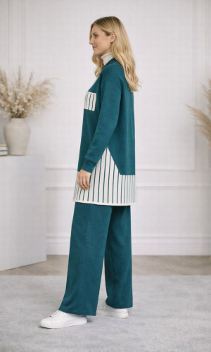 طقم تريكو نسائي عصري قطعتين بتفاصيل هندسية 4208 - تركواز