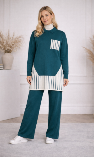طقم تريكو نسائي عصري قطعتين بتفاصيل هندسية 4208 - تركواز