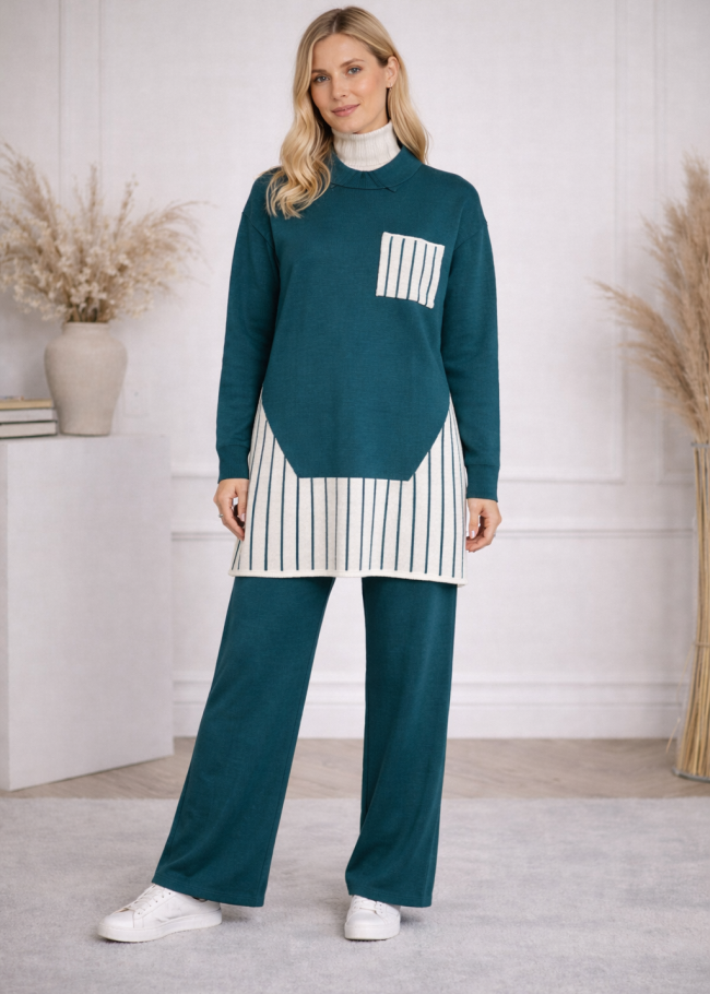 4208 طقم تريكو جيب مخطط - تركواز