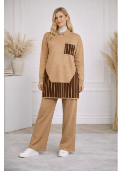 طقم تريكو نسائي عصري قطعتين بتفاصيل هندسية 4208 - شوكو