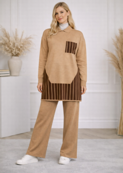 طقم تريكو نسائي عصري قطعتين بتفاصيل هندسية 4208 - شوكو