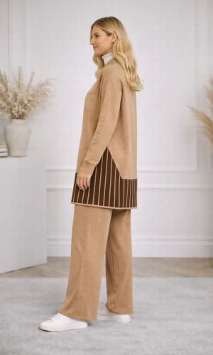 Modernes zweiteiliges Damen-Strickset mit geometrischen Details 4208 - Mausgrau