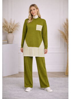 طقم تريكو نسائي عصري قطعتين بتفاصيل هندسية 4208 - عفني