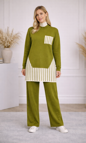 طقم تريكو نسائي عصري قطعتين بتفاصيل هندسية 4208 - عفني