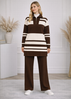 طقم تريكو نسائي عصري قطعتين مخطط بياقة سحاب 4209  - شوكو كاشف