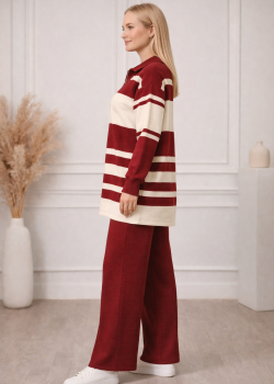 طقم تريكو نسائي عصري قطعتين مخطط بياقة سحاب 4209  - خمري