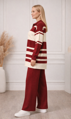 طقم تريكو نسائي عصري قطعتين مخطط بياقة سحاب 4209  - خمري