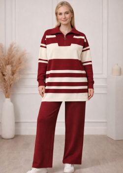 طقم تريكو نسائي عصري قطعتين مخطط بياقة سحاب 4209  - خمري