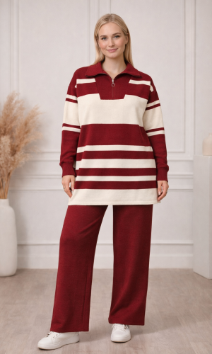 طقم تريكو نسائي عصري قطعتين مخطط بياقة سحاب 4209  - خمري