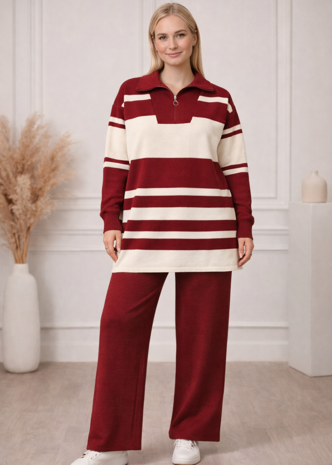 4209 طقم تريكو مقلم عريض  - خمري