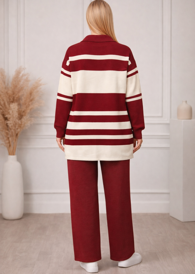 4209 طقم تريكو مقلم عريض  - خمري