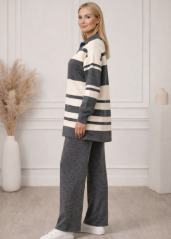 طقم تريكو نسائي عصري قطعتين مخطط بياقة سحاب 4209 - فضي