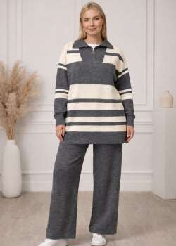 طقم تريكو نسائي عصري قطعتين مخطط بياقة سحاب 4209 - فضي