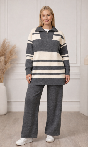 طقم تريكو نسائي عصري قطعتين مخطط بياقة سحاب 4209 - فضي