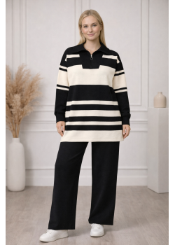 طقم تريكو نسائي عصري قطعتين مخطط بياقة سحاب 4209  - اسود
