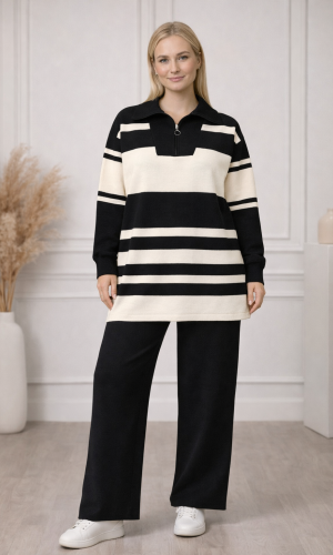 طقم تريكو نسائي عصري قطعتين مخطط بياقة سحاب 4209  - اسود