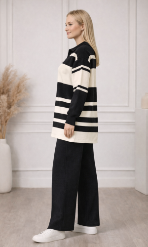 طقم تريكو نسائي عصري قطعتين مخطط بياقة سحاب 4209  - اسود