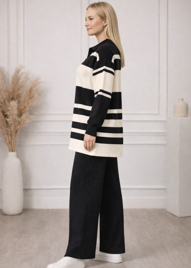 4209 طقم تريكو مقلم عريض  - black