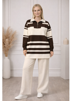 طقم تريكو نسائي عصري قطعتين مخطط بياقة سحاب 4209  - بني