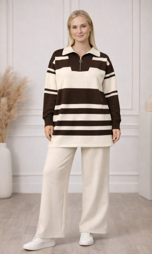 Women's Modern Two-Piece Striped Knitwear Set with Zip Collar 4209  - brown