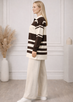 طقم تريكو نسائي عصري قطعتين مخطط بياقة سحاب 4209  - بني