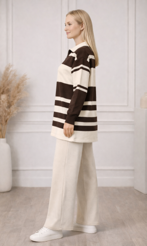 Women's Modern Two-Piece Striped Knitwear Set with Zip Collar 4209  - brown