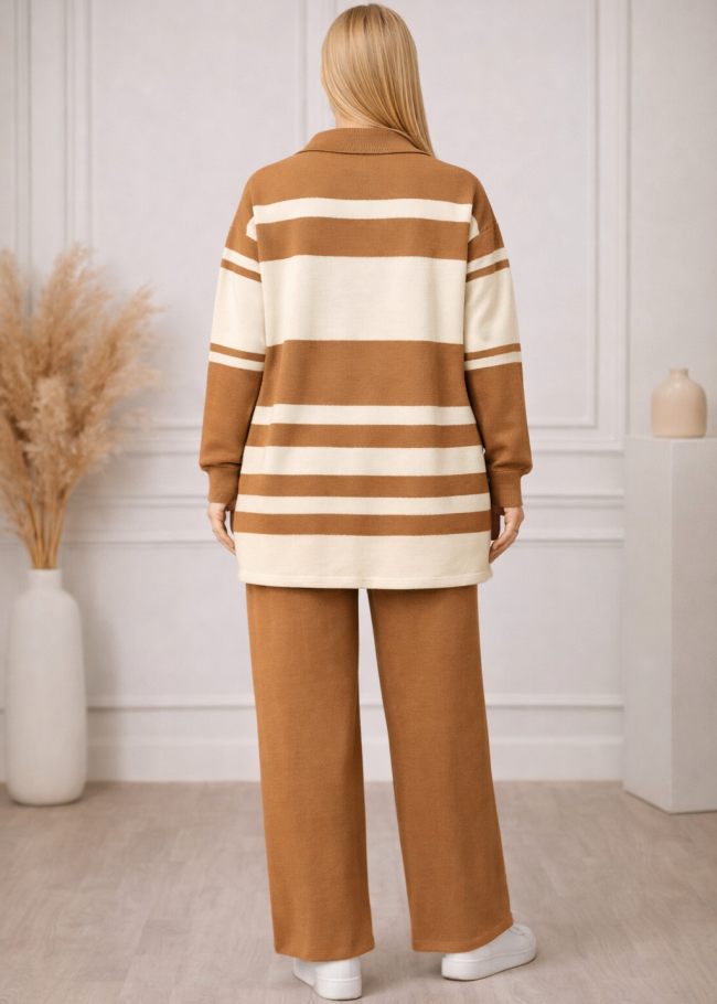 4209 طقم تريكو مقلم عريض  - tan